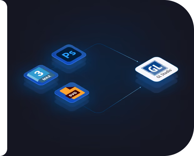 Icons of 3ds Max, Photoshop, and SVG connected with lines converging to a GL Studio icon on a dark gradient background.