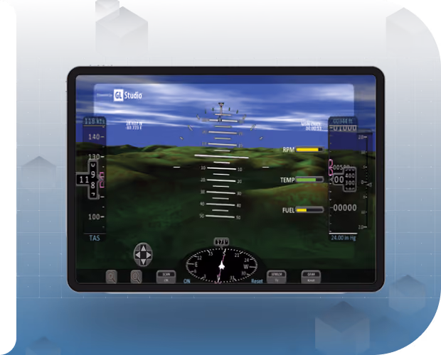 Digital flight instrument display showing artificial horizon, speed, altitude, RPM, temperature, and fuel levels with a green terrain background.
