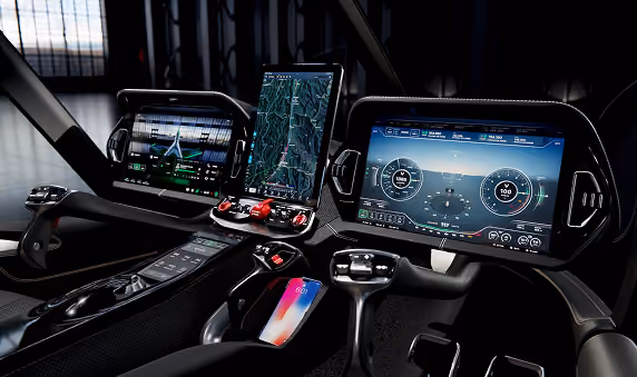 Futuristic vehicle dashboard featuring multiple digital screens displaying navigation maps and flight instrument data.