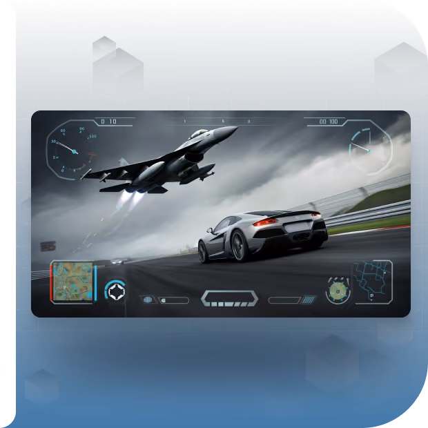 Racing video game screenshot showing a sports car speeding on a track with a fighter jet flying close overhead and game HUD elements.