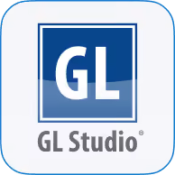 GL Studio app icon with white GL letters on a blue square background and the text 'GL Studio' below.