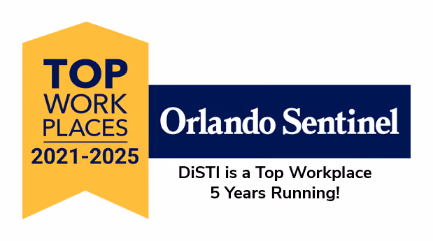 Top Work Places 2021-2025 award from Orlando Sentinel with text about DiSTI's 5 years winning.