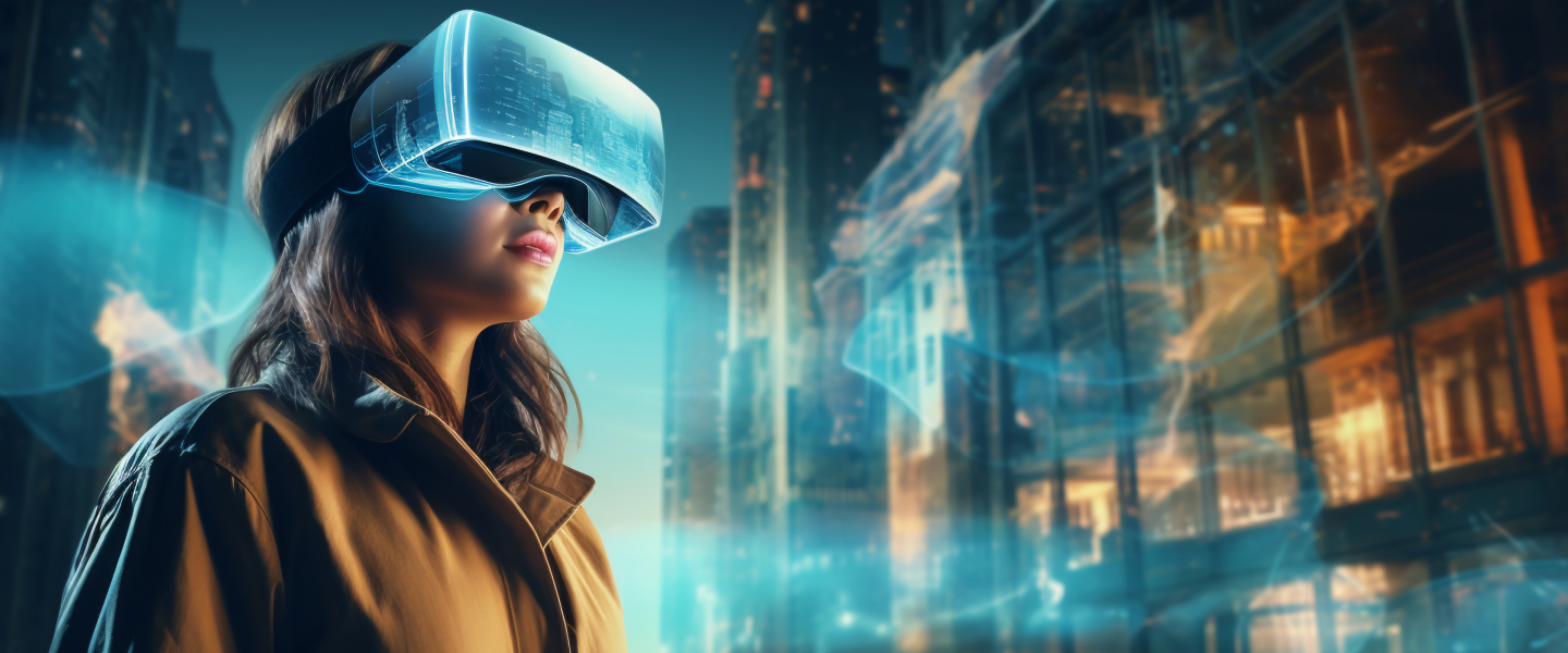 Woman wearing a virtual reality headset immersed in a futuristic cityscape at night.