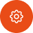 White gear and sun icon on an orange circular background.