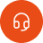 White headphones icon on an orange circular background.