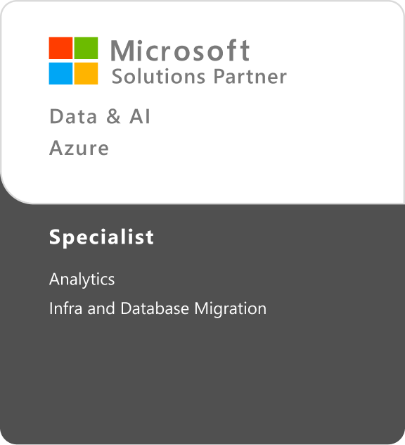 Microsoft Solutions Partner card for Data & AI Azure, Specialist in Analytics and Infra and Database Migration.