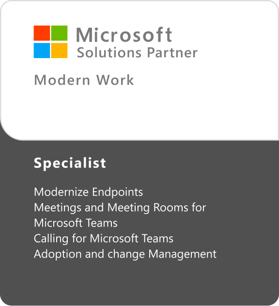 Microsoft Solutions Partner badge for Modern Work Specialist with expertise in Teams and change management.
