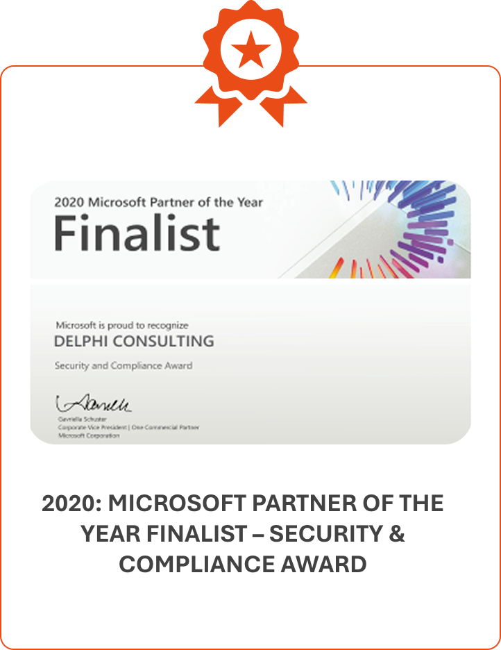Certificate showing Delphi Consulting as a 2020 Microsoft Partner of the Year finalist for Security and Compliance.