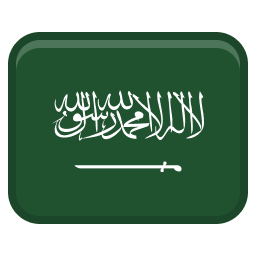 Flag of Saudi Arabia with white Arabic inscription and sword on green background.