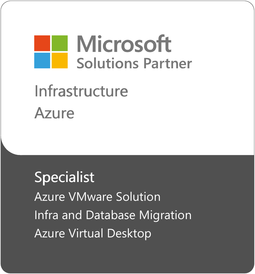 Microsoft Solutions Partner badge for Infrastructure Azure Specialist in VMware, migration, and virtual desktop.