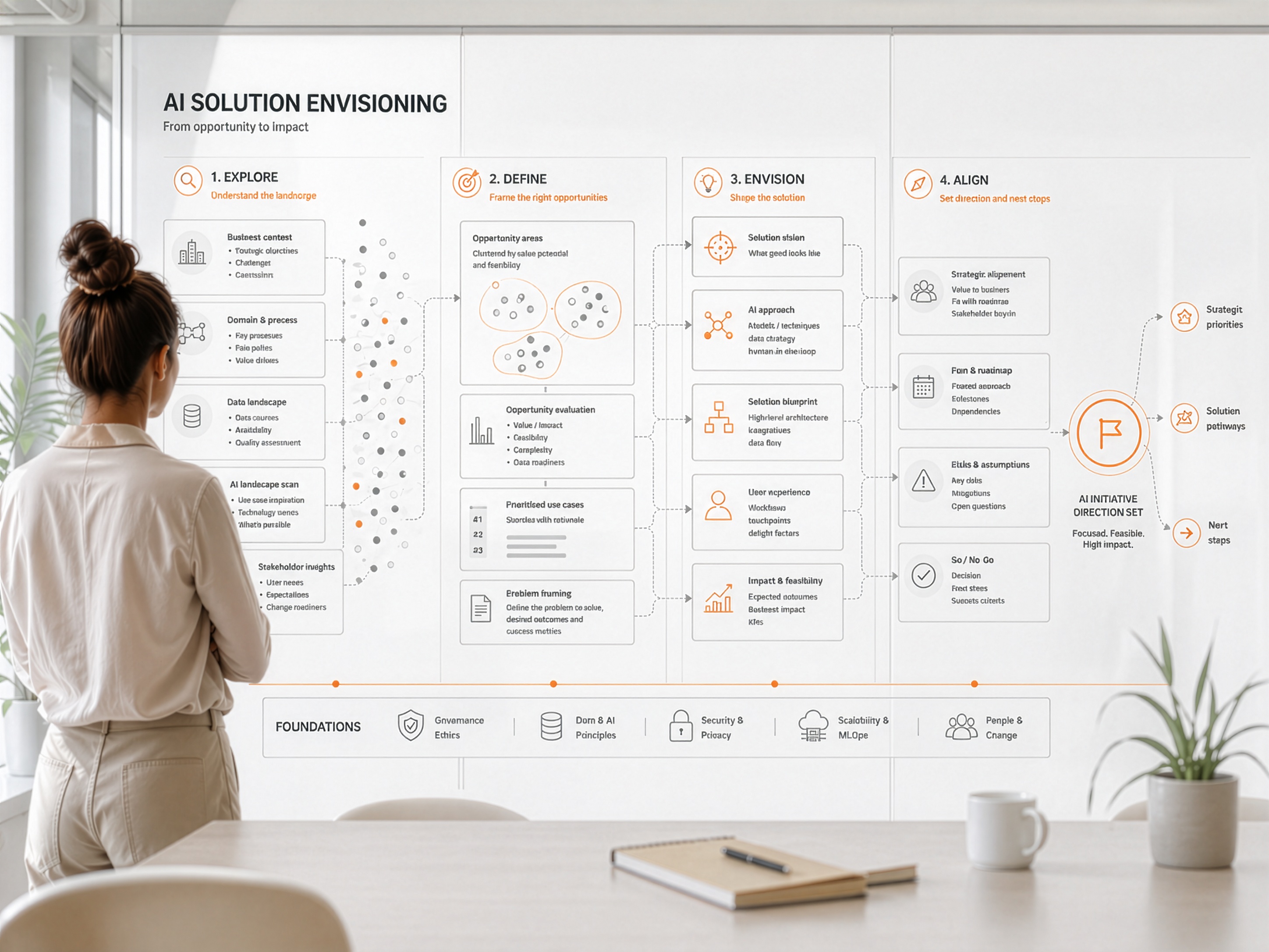 Woman reviewing an AI solution envisioning process diagram on a transparent board in a modern office.