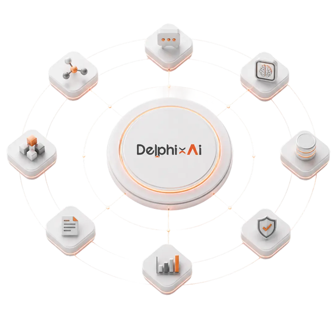 Central Delphi AI logo connected to eight white cubes with various tech and data icons.