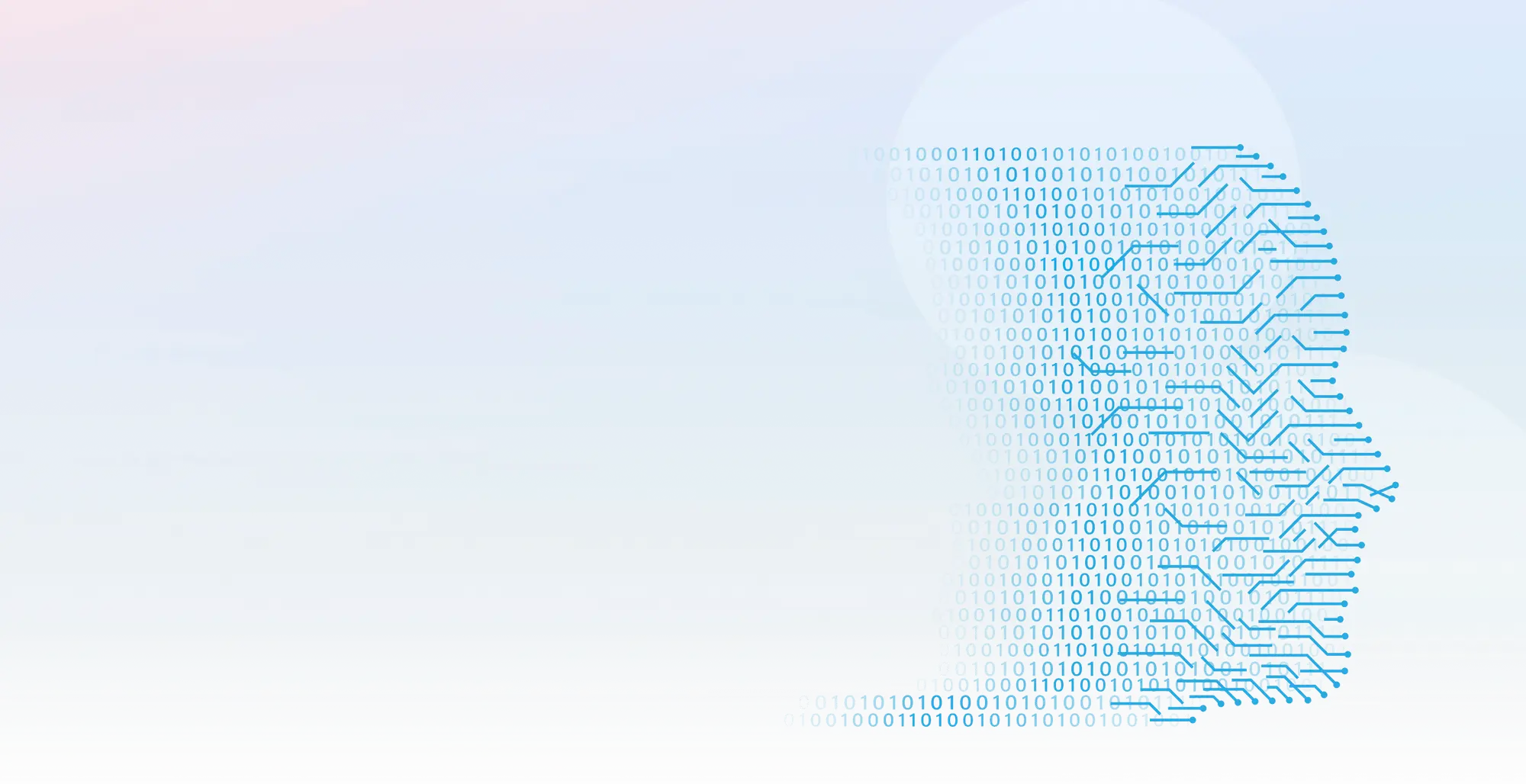 Digital illustration of a human head profile made of binary code and circuit lines on a blue gradient background.
