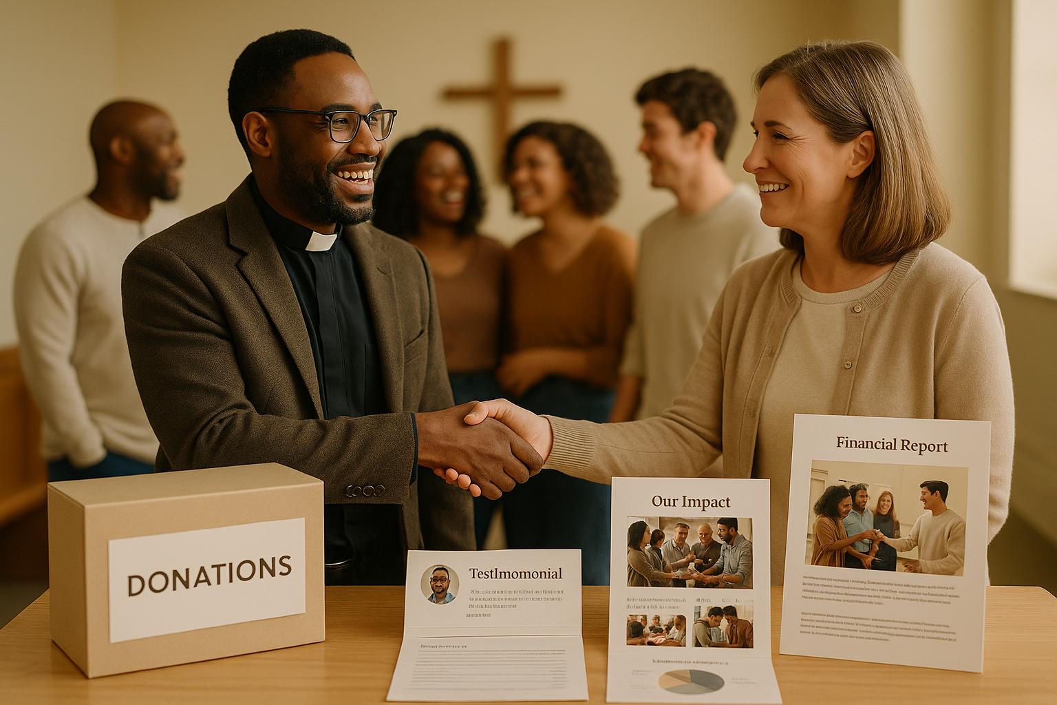 Use testimonials, pastor endorsements, live giving updates, impact metrics, photos, and clear financial reports to build donor trust.