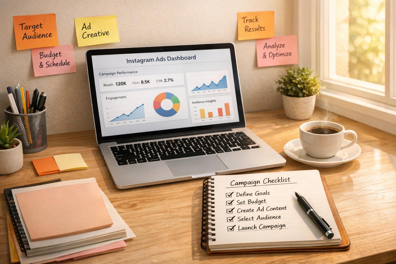 Step-by-step checklist for nonprofits to set up Instagram business profiles, create ad content, target audiences, launch campaigns, and measure results.