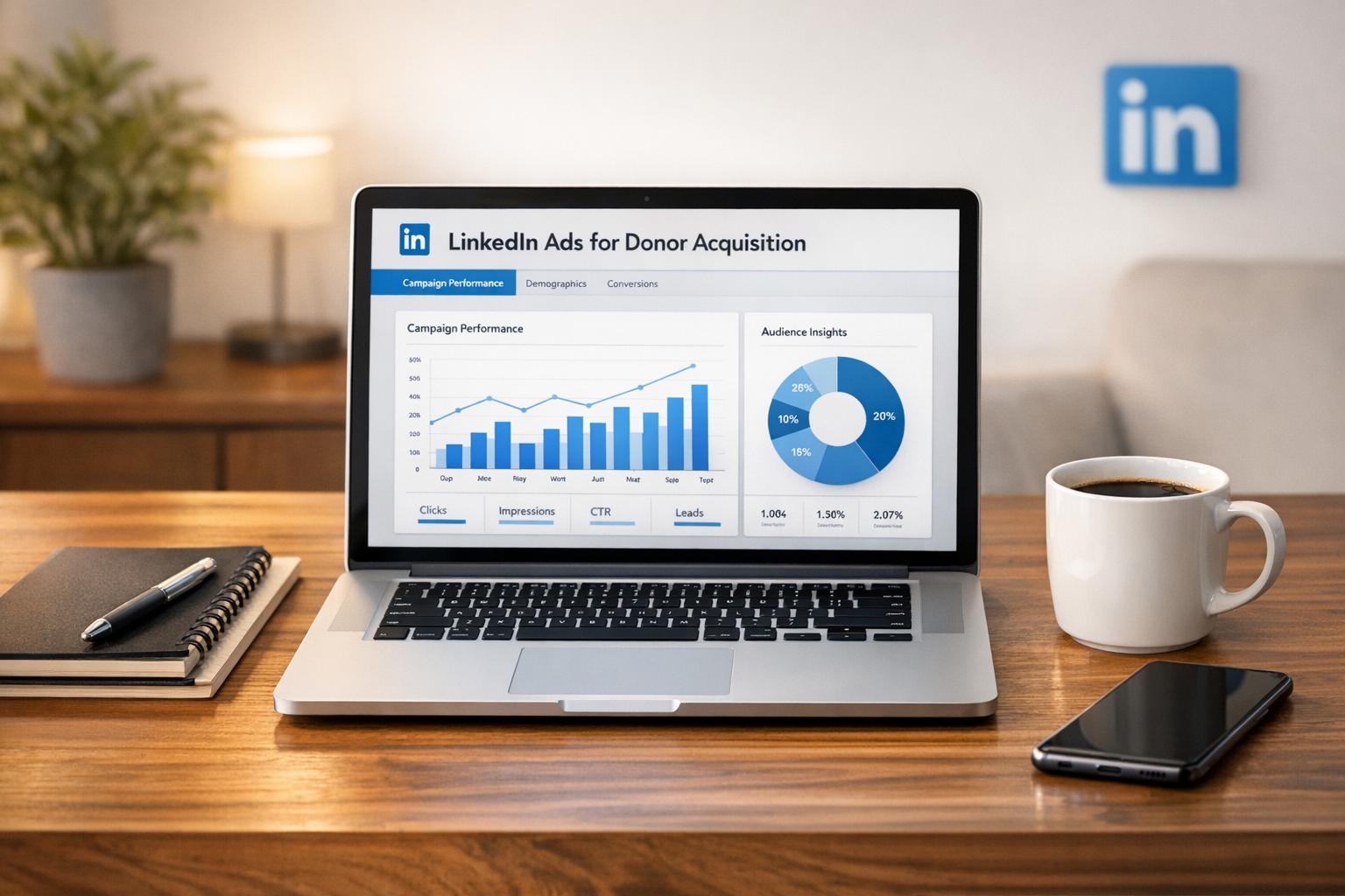 Step-by-step guide to using LinkedIn Ads to find and convert professional donors — covers setup, targeting, ad formats, tracking, budgeting, and optimization.