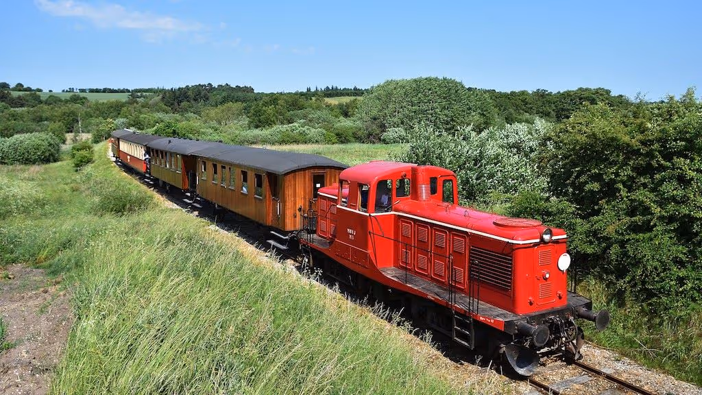 Et rødt tog kører gennem et frodigt grønt landskab.