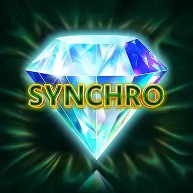 Shiny crystal diamond with the word ‘SYNCHRO’ in bold golden-green letters across the center, set against a dark glowing background.