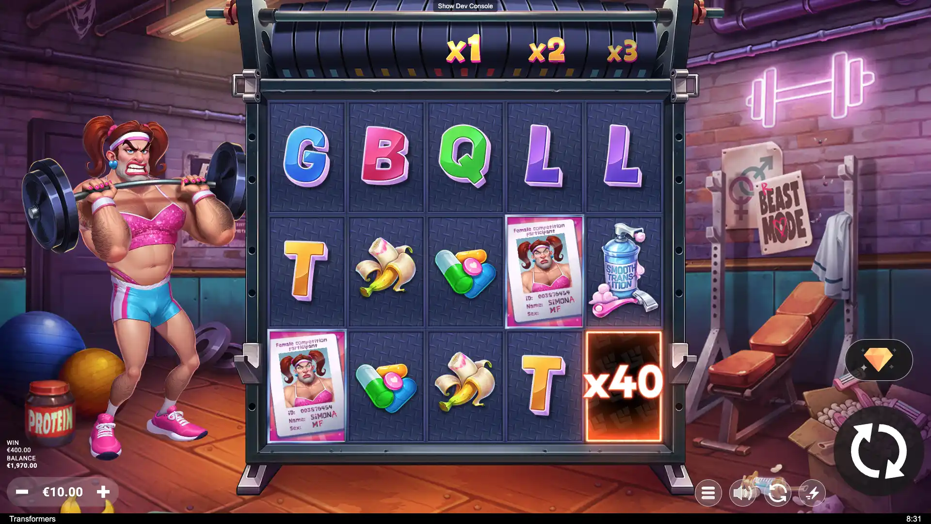 Transformers slot base game with gym character lifting weights and highlighted x40 multiplier win.