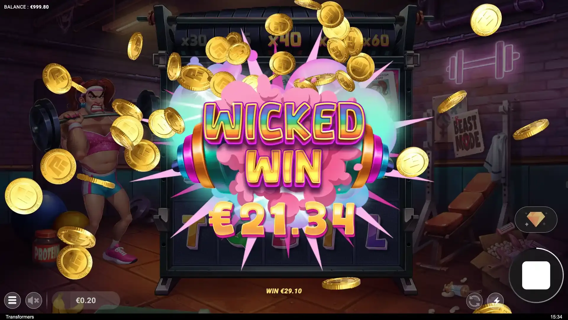 Transformers slot Wicked Win celebration with coins flying and €21.34 payout.