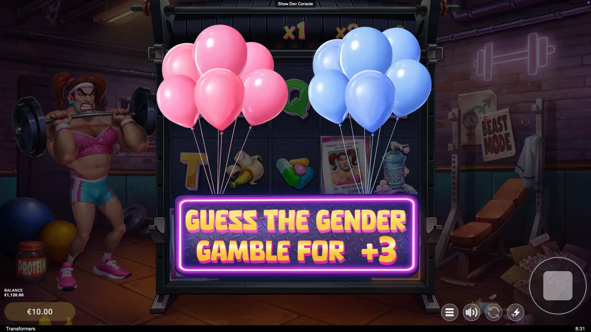 Transformers slot gamble feature showing pink and blue balloons with Guess the Gender prompt.