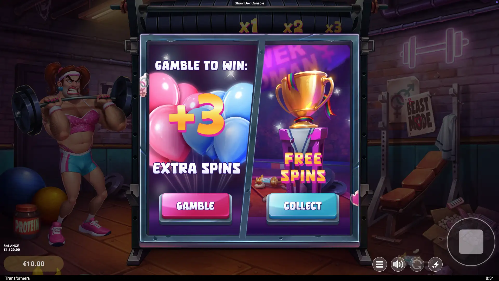 Transformers slot gamble choice screen offering +3 spins or free spins trophy reward.