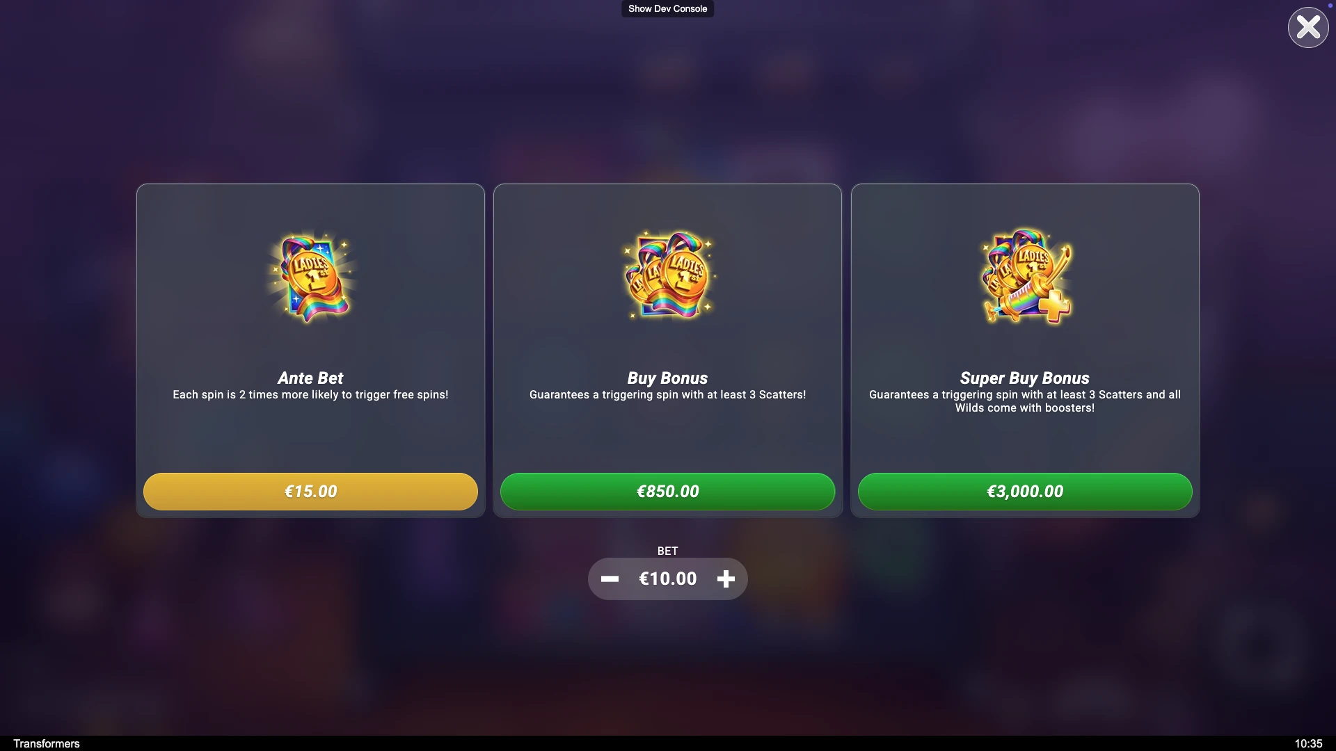 Transformers slot buy feature menu with Ante Bet, Buy Bonus, and Super Buy Bonus options.