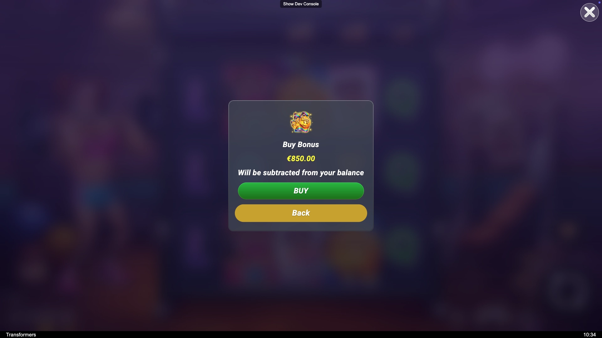 Transformers slot Buy Bonus screen showing €850 option with green Buy and yellow Back buttons.