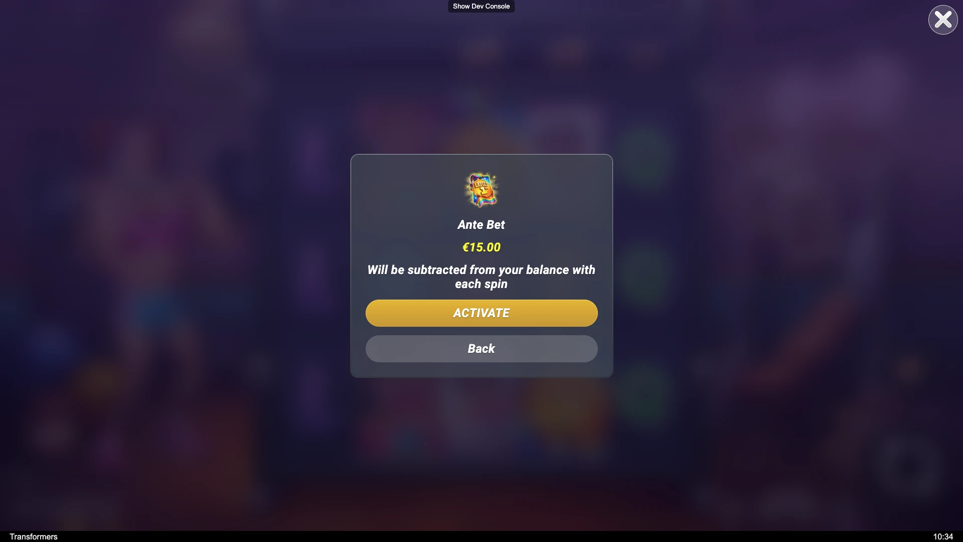 Transformers slot Ante Bet screen showing €15 activation option with yellow Activate button.