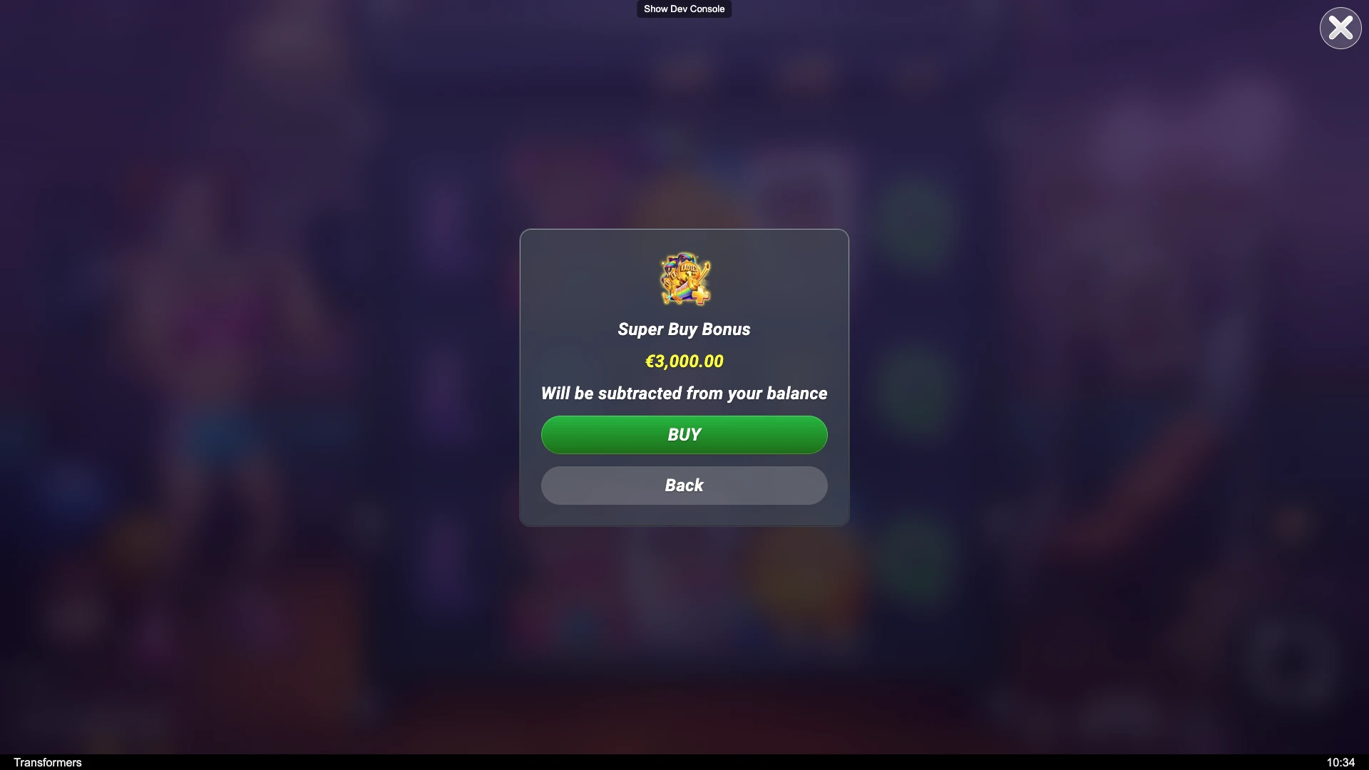 Transformers slot Super Buy Bonus screen showing €3,000 option with green Buy button.