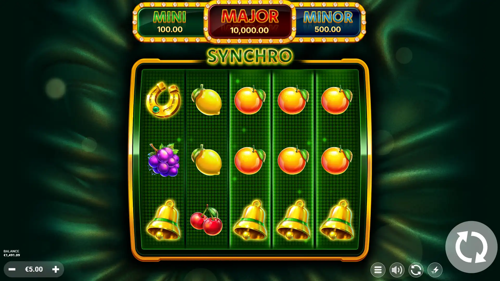 Synchro slot spin with synced reels showing oranges, bells, grapes and cherries.