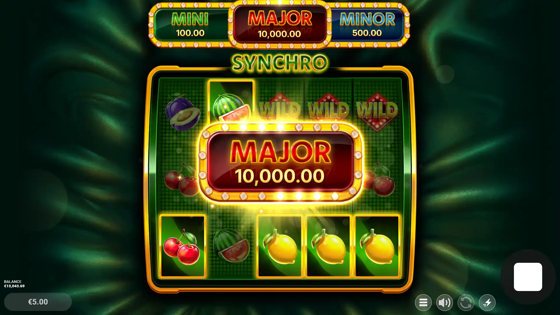 Synchro slot jackpot screen awarding Major prize of 10,000.00 with fruit symbols.