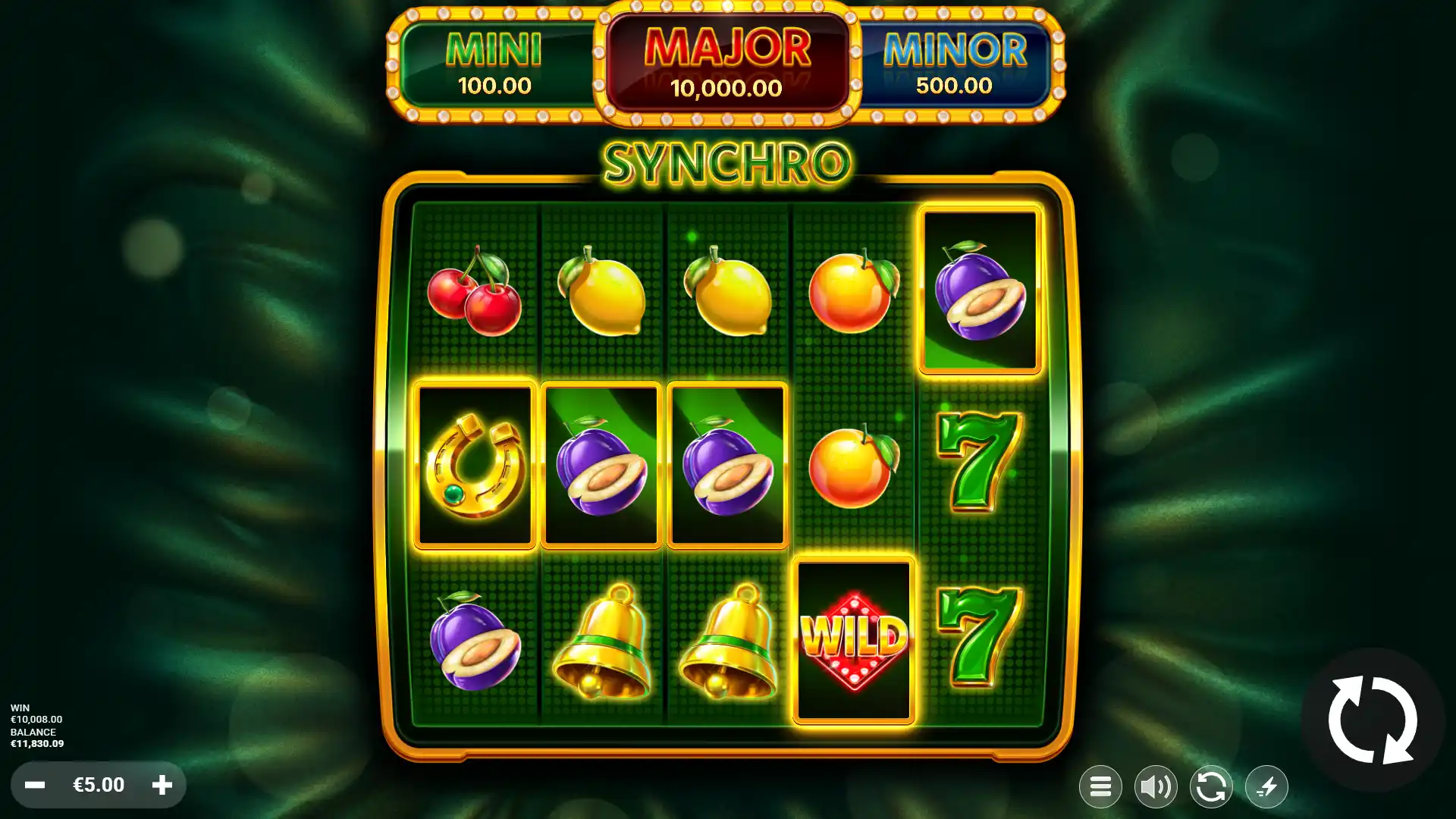 Synchro slot spin with highlighted special frames showing horseshoe, plums, bells, wild and 7 symbols.