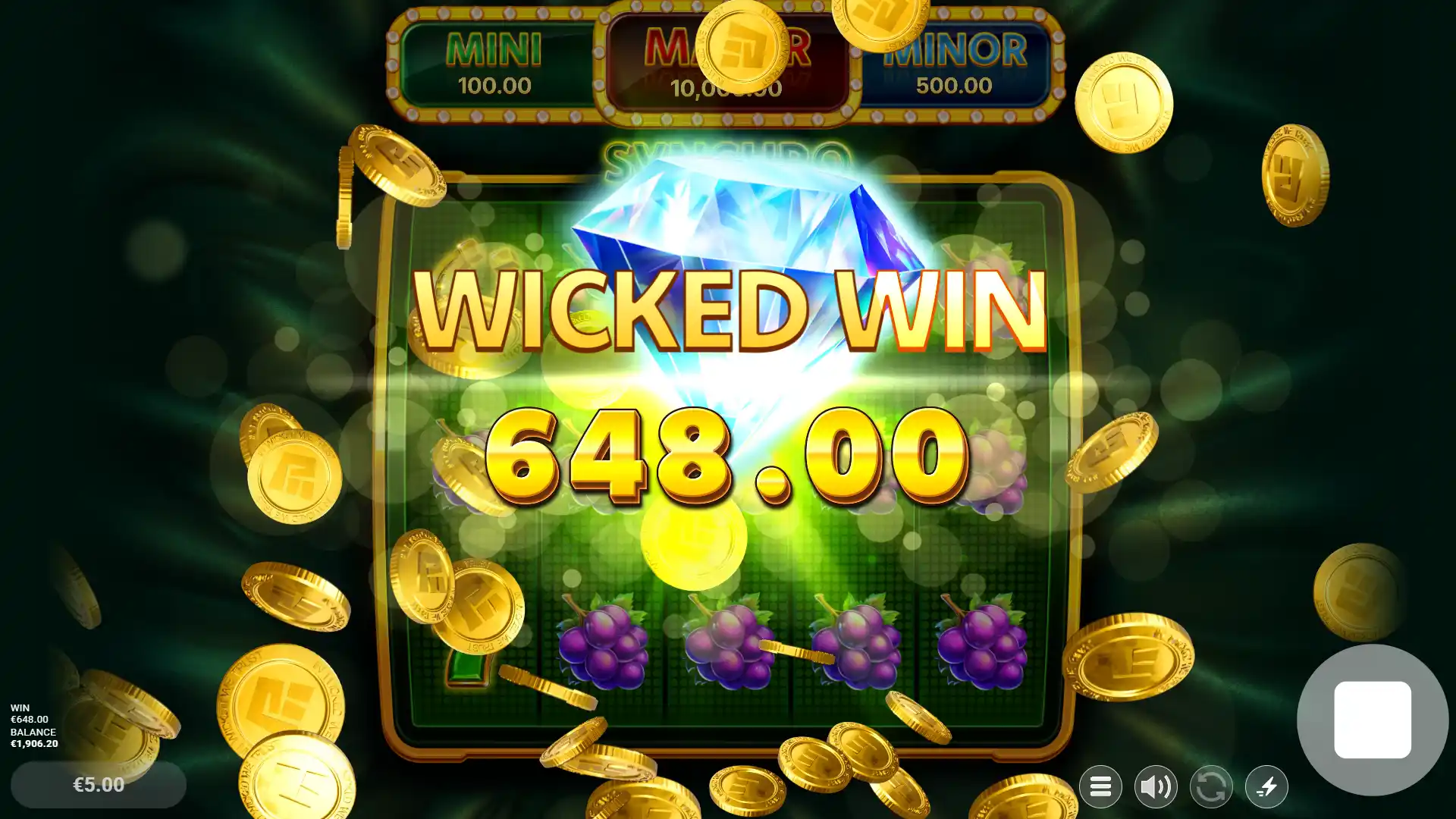 Synchro slot Wicked Win celebration with diamond symbol and 648.00 payout.