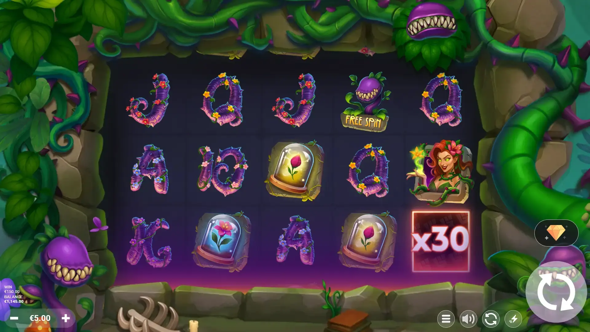 Wicked Games Ivy slot screenshot with a 5×3 reel grid, floral symbols, Free Spin Venus flytrap, Ivy character, and a glowing x30 multiplier showing a €150 win on a €5 bet.