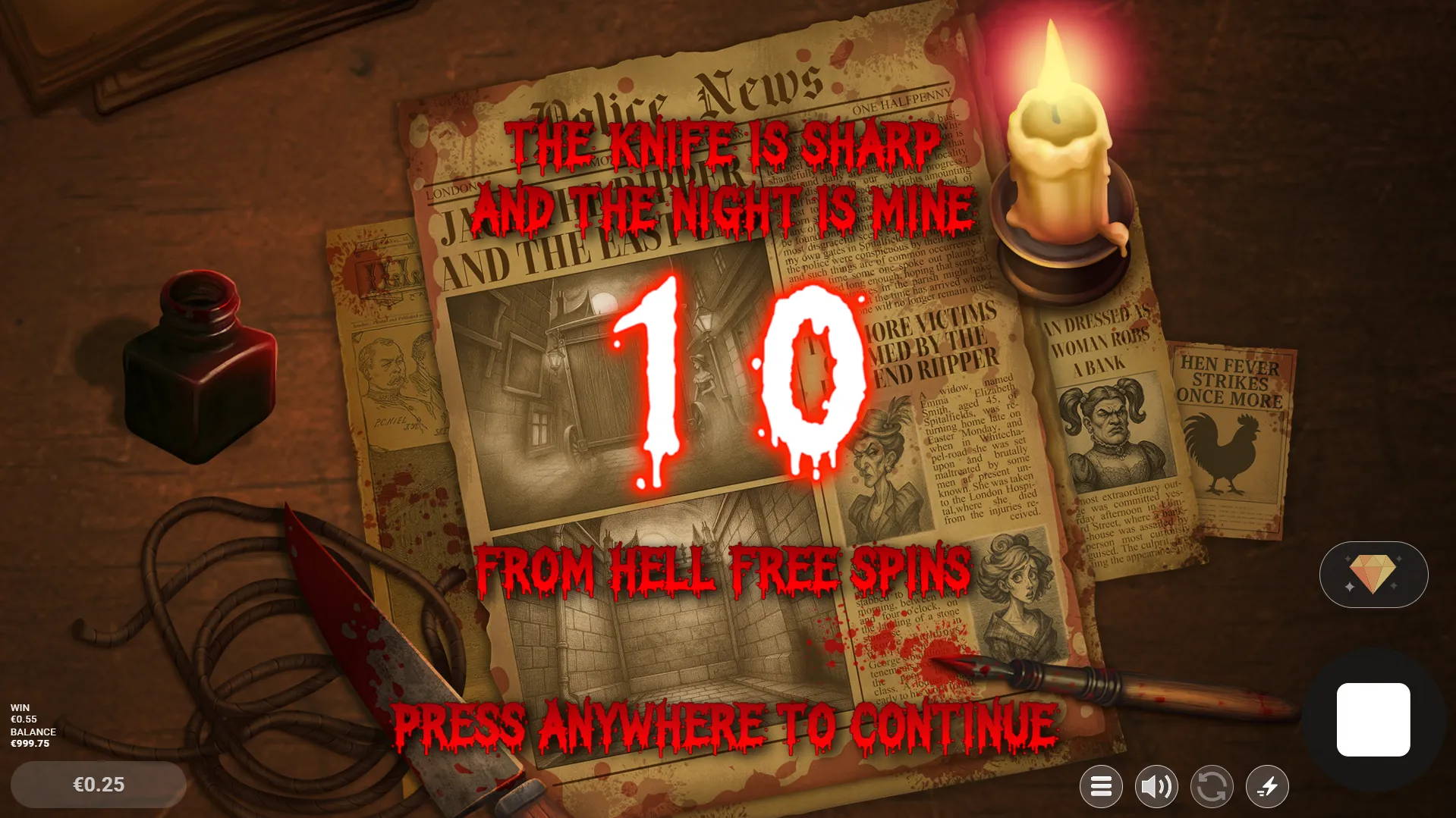 Jack slot announcing 10 From Hell Free Spins with candlelight and blood-splattered newspaper.