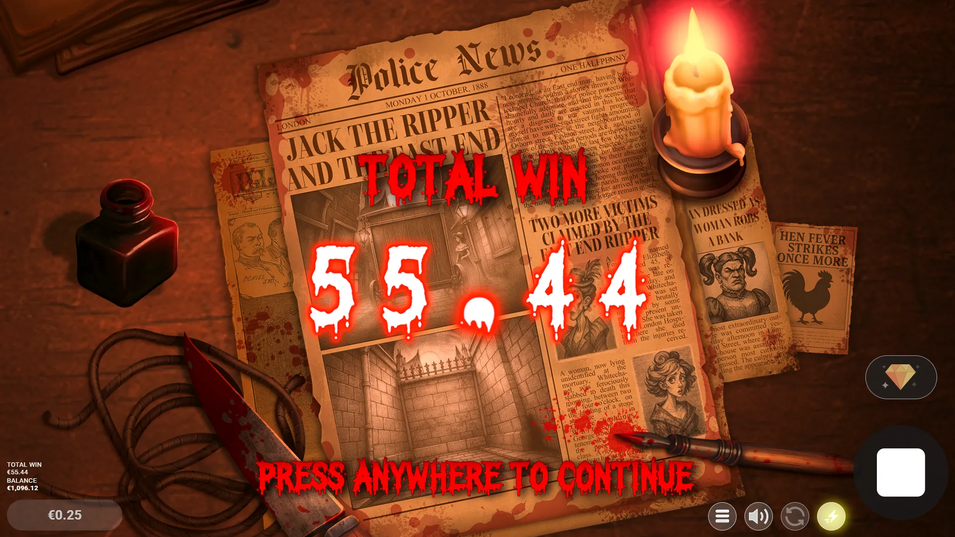 Jack slot total win screen showing €55.44 with blood-red text over old newspaper background.