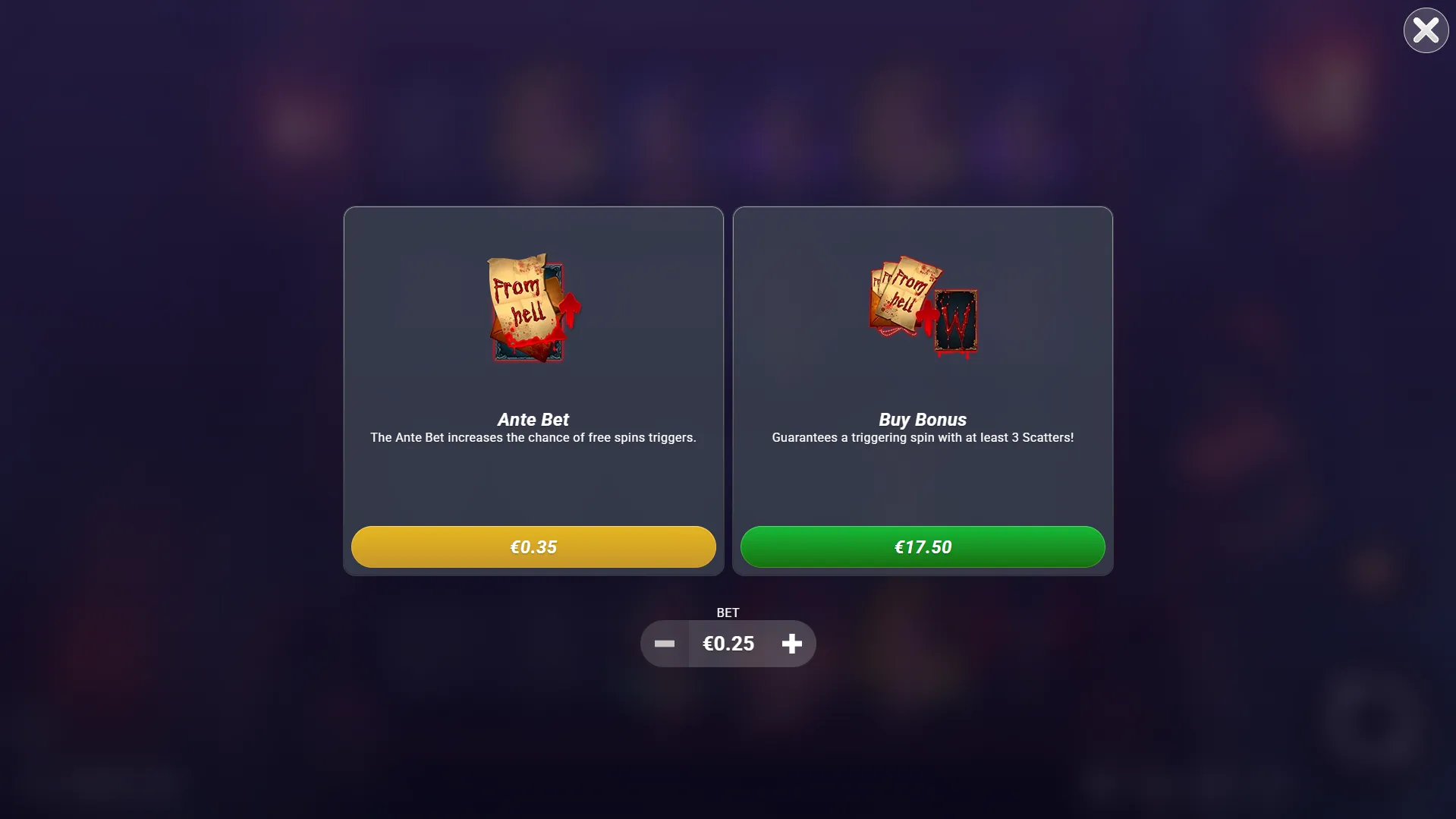 Jack slot bet selection screen showing Ante Bet and Buy Bonus options