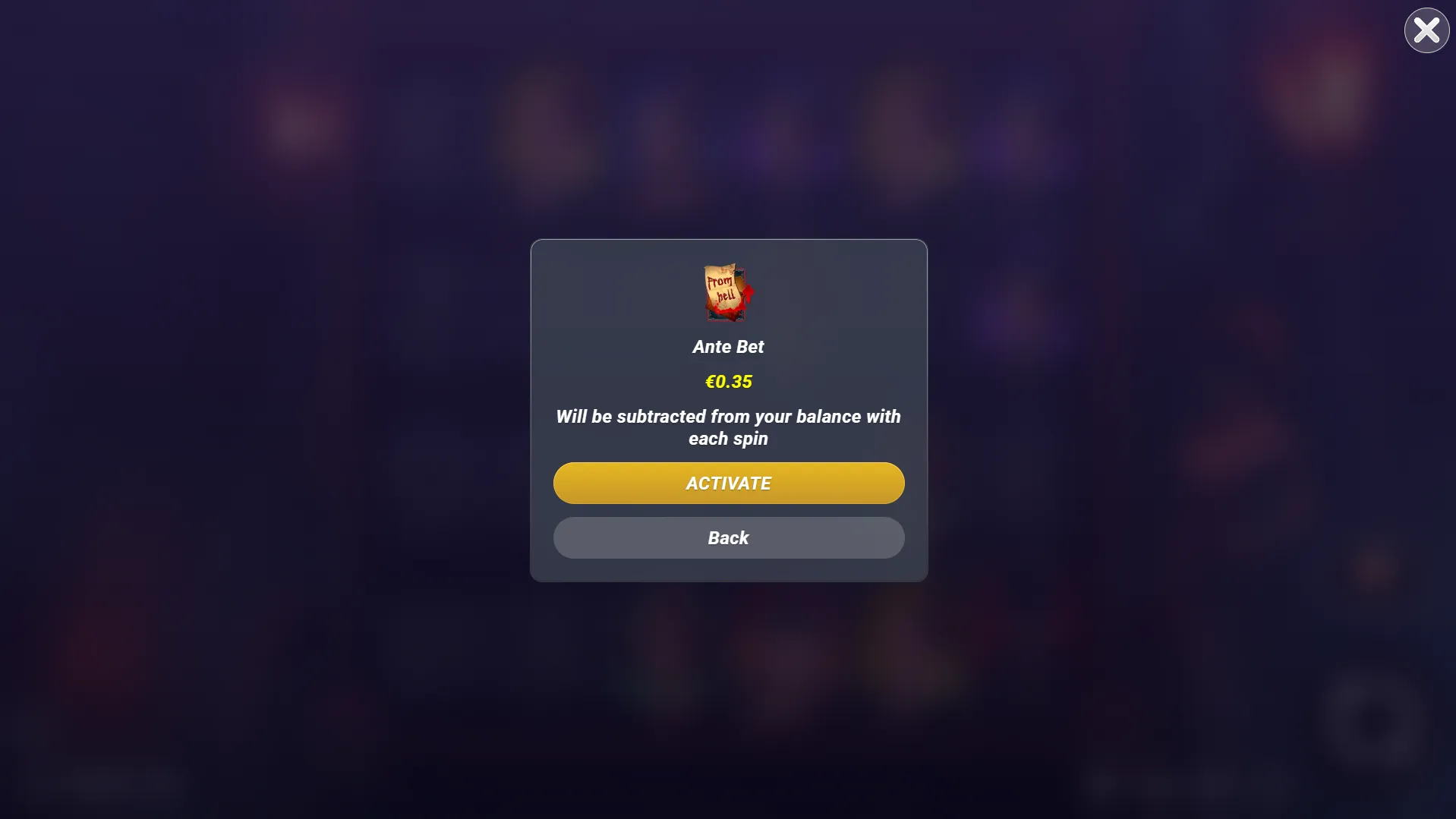 Jack slot ante bet activation pop-up confirming €0.35 per spin.”