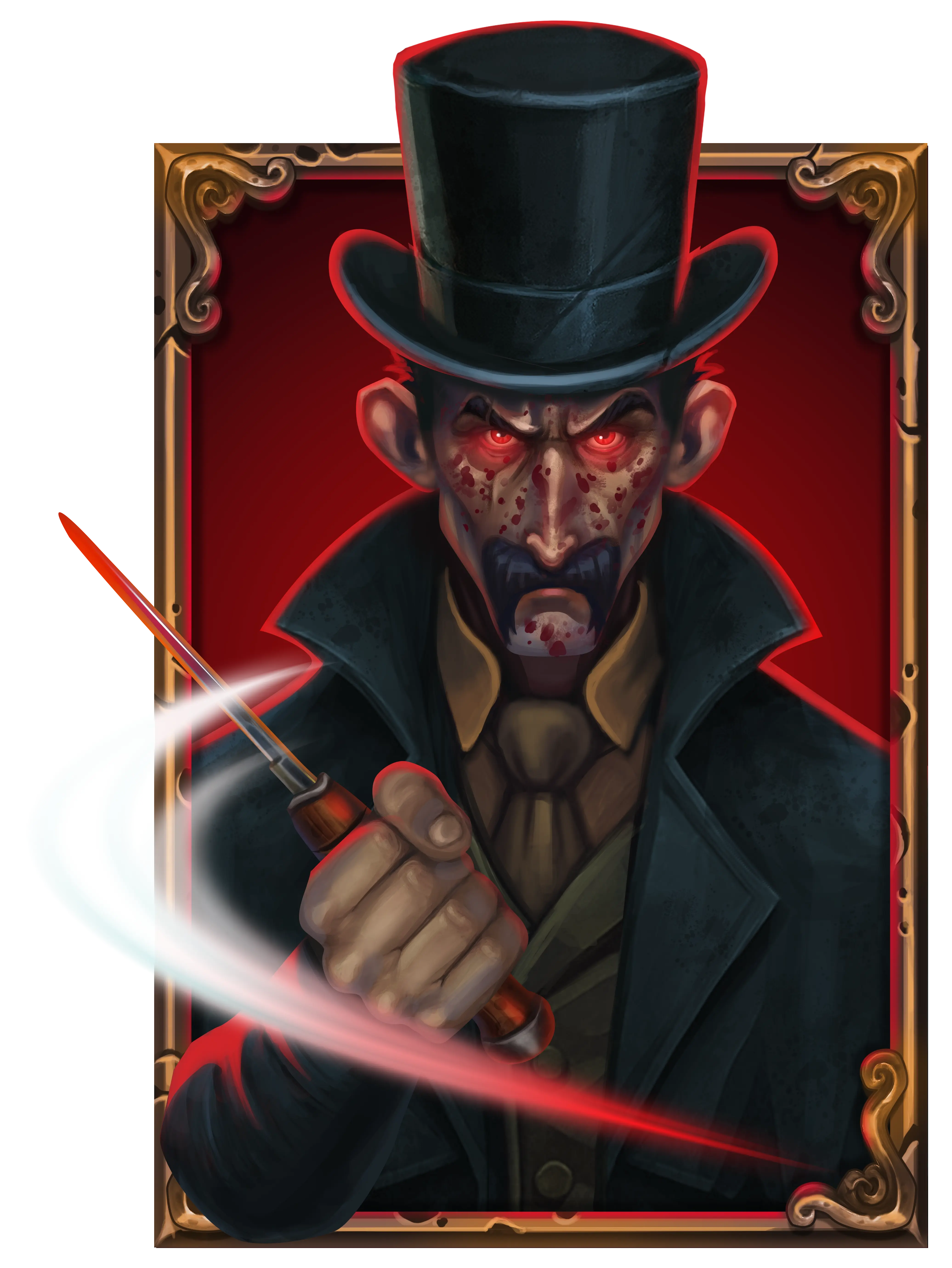 Stylized portrait of a sinister man in a top hat with glowing red eyes, holding a bloody knife against a dark red background.