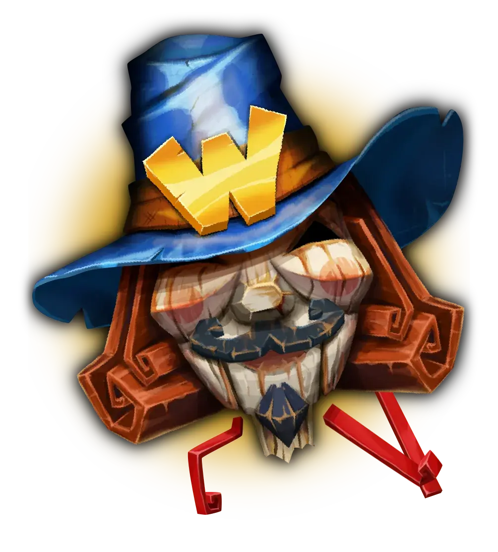 Cartoonish wooden scarecrow head wearing a blue hat with a golden W, grinning with red stick-like legs against a yellow background.