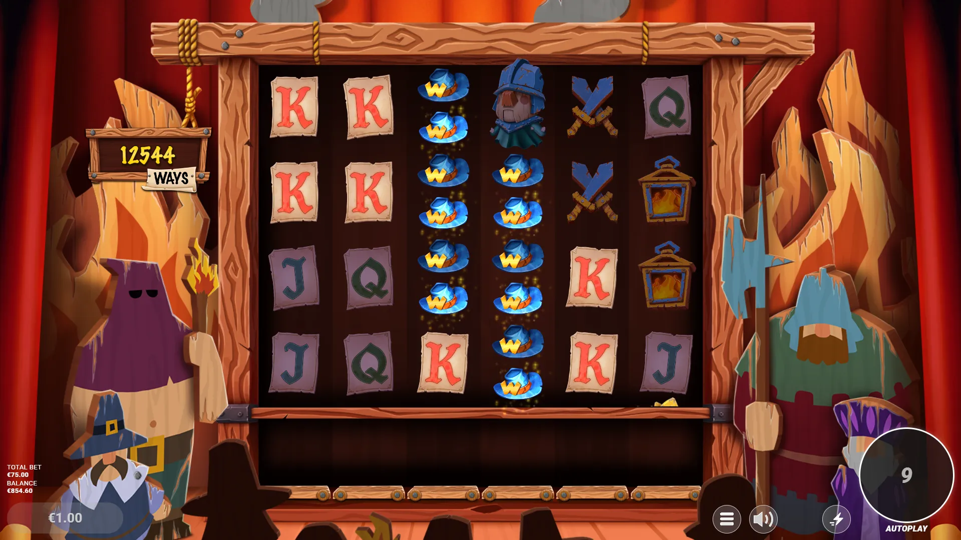 Slot reels showing blue W hats and wild symbols forming 12,544 ways to win in Fawkes.