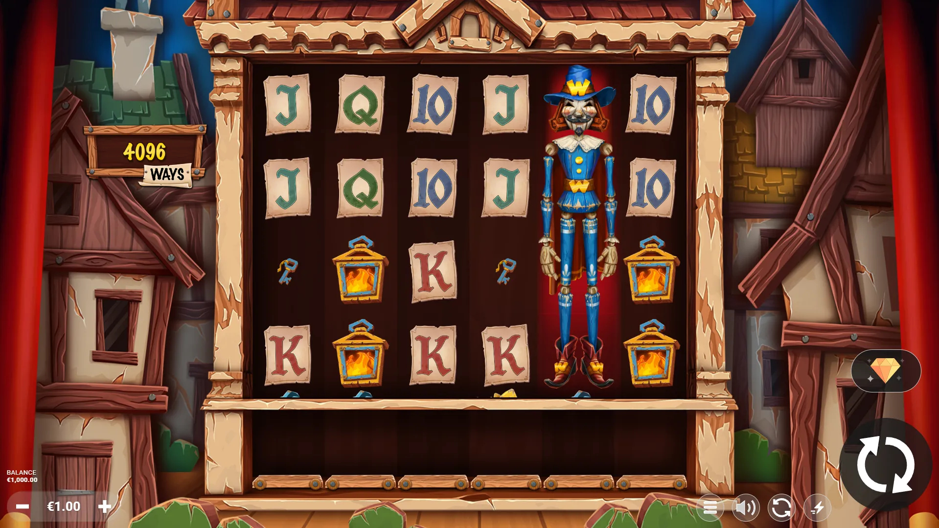 Game reels displaying lanterns, cards, and a tall wooden scarecrow in blue clothes.