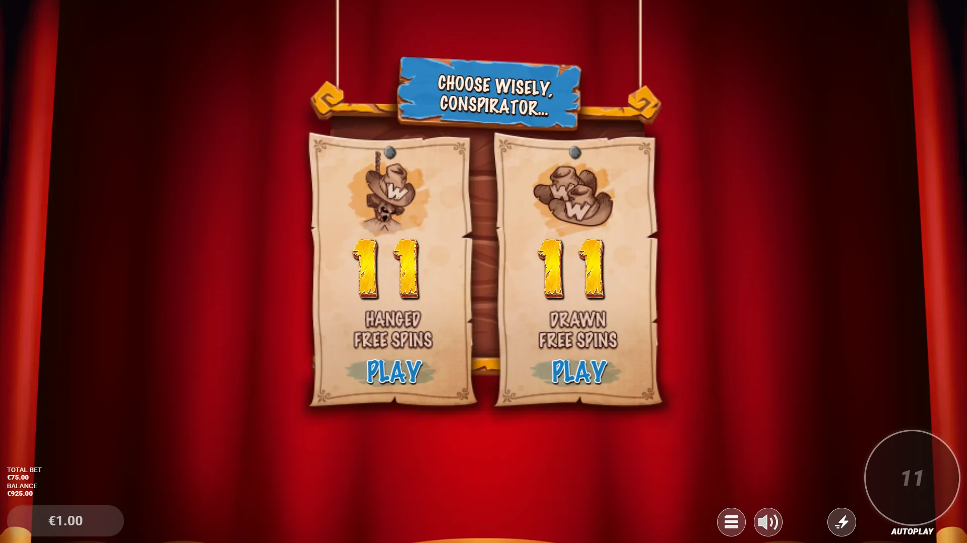 Bonus choice screen prompting player to pick between Hanged or Drawn free spins