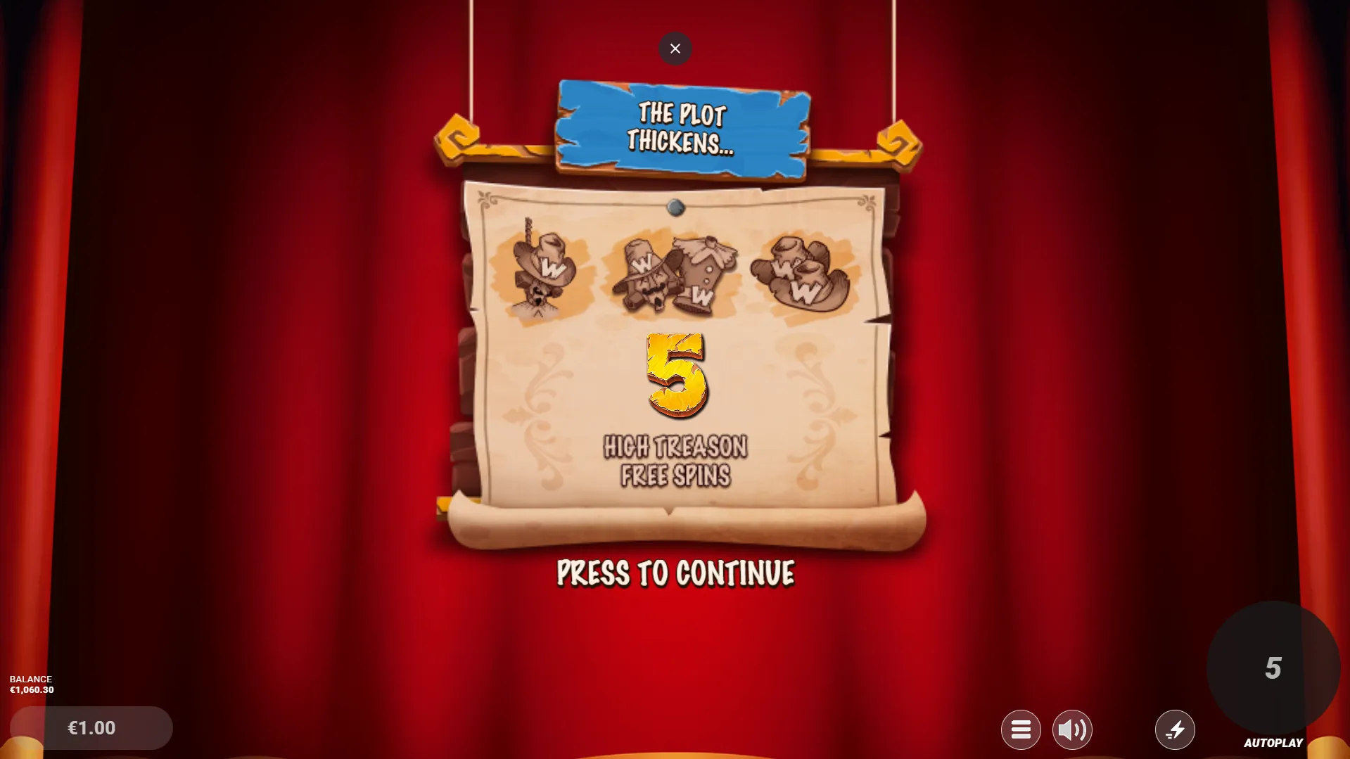 Bonus feature screen showing five High Treason free spins announcement on a parchment scroll.