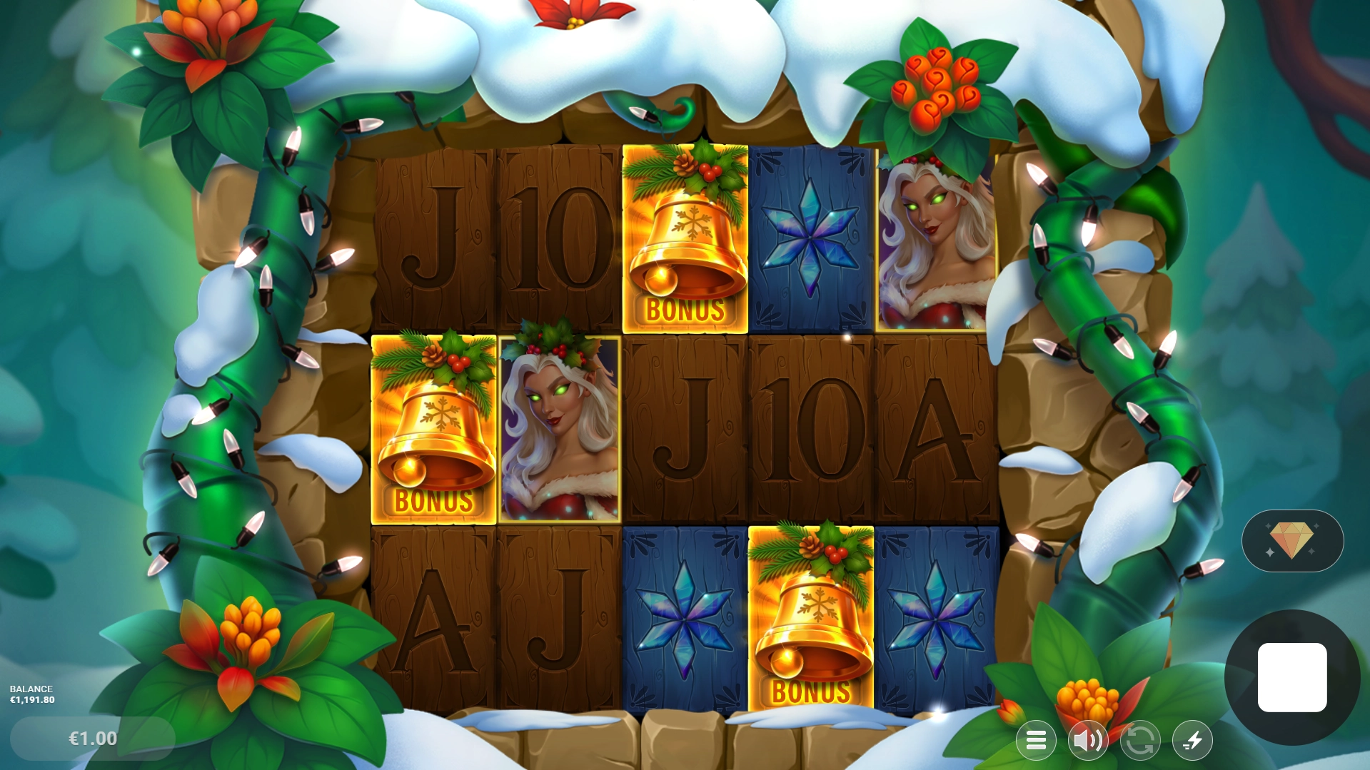 Three bonus bell scatters landing alongside the female holiday character symbol in the Holly slot, triggering the bonus feature on wooden winter-themed reels.