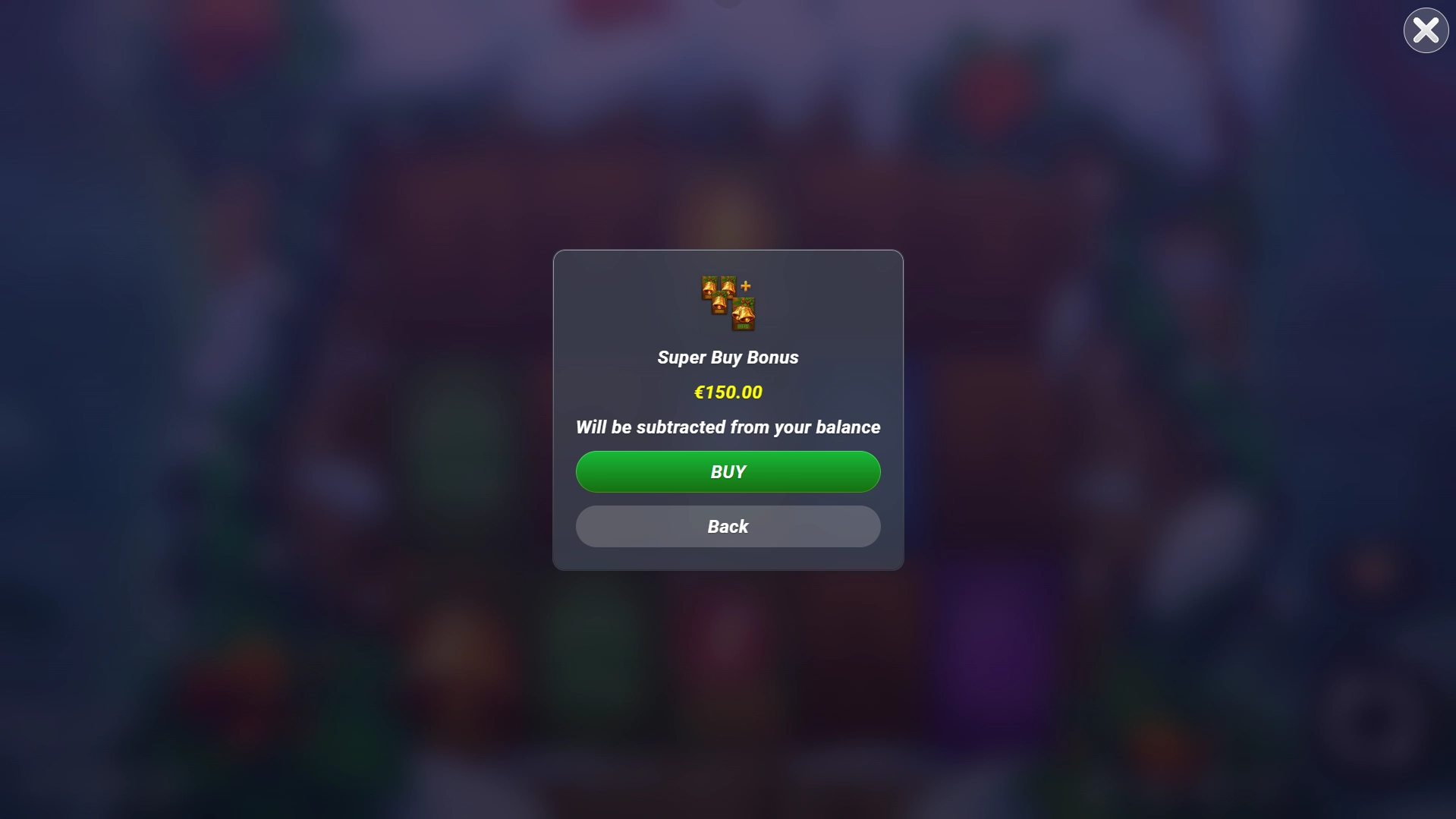 Super Bonus Buy screen in the Holly slot offering a €150 purchase option with a green buy button.