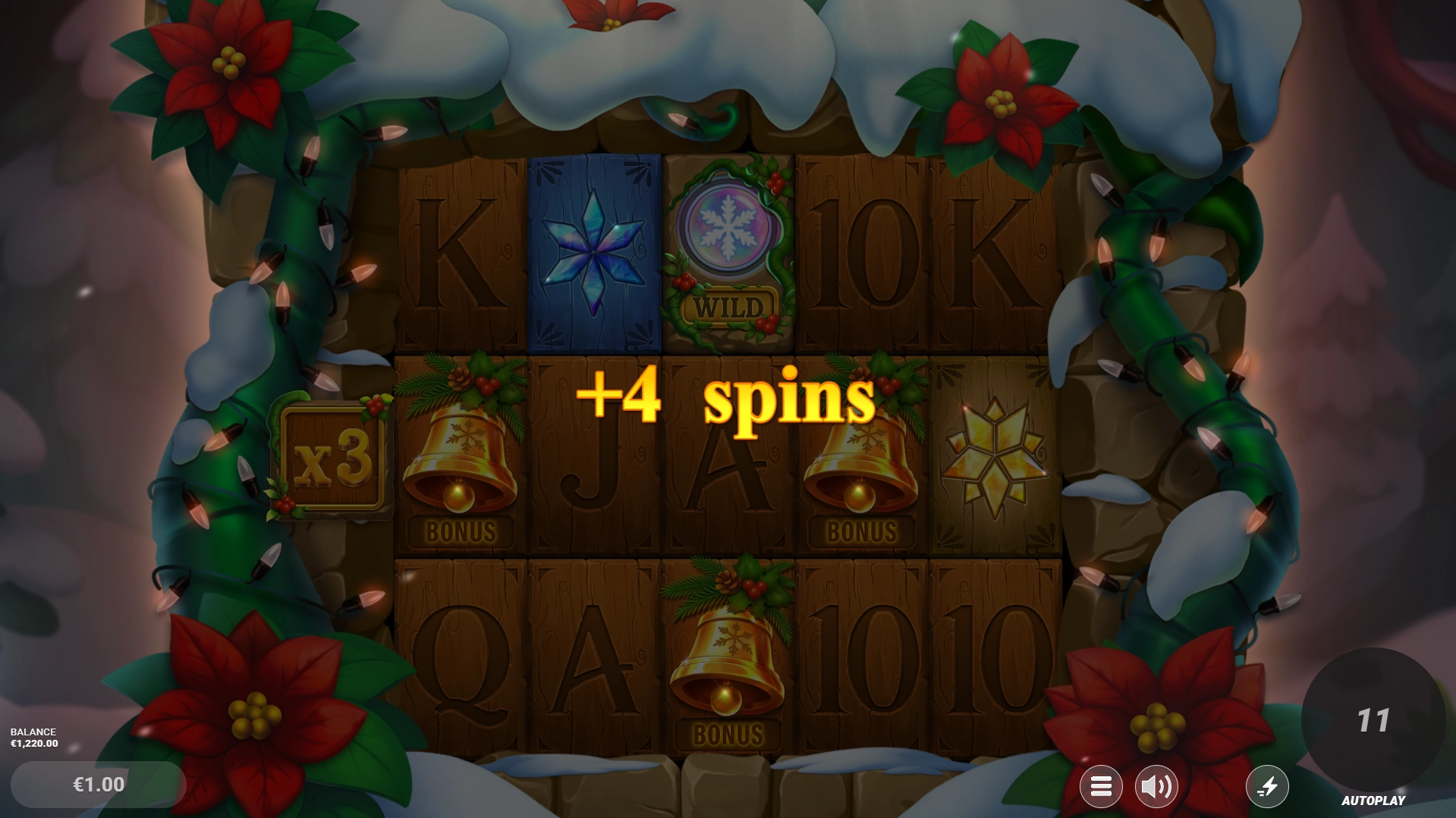 Retrigger message in the Holly slot awarding +4 additional free spins over reels with bonus bell symbols.