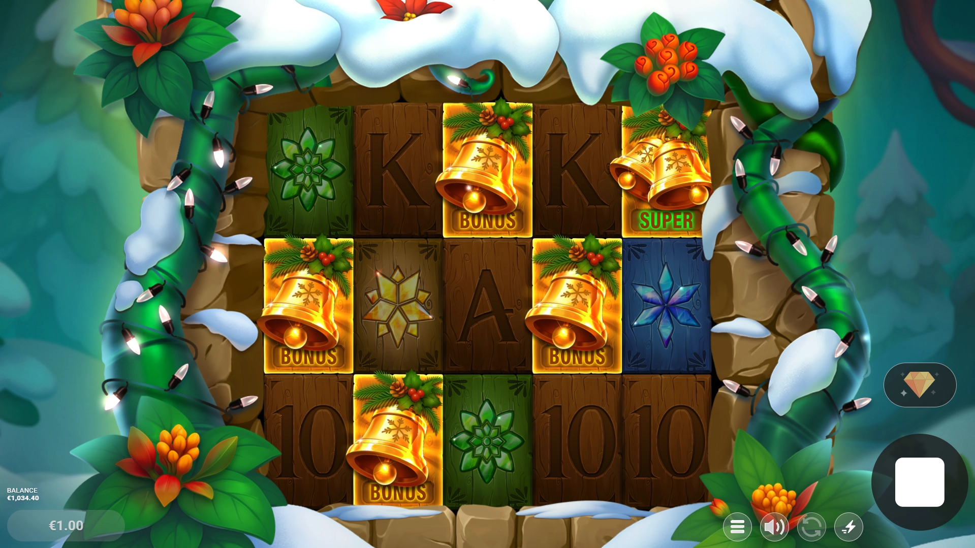 Five golden bonus bell scatters landing on the Holly slot reels, including one super scatter, displayed on wooden panels with a snowy holiday frame.