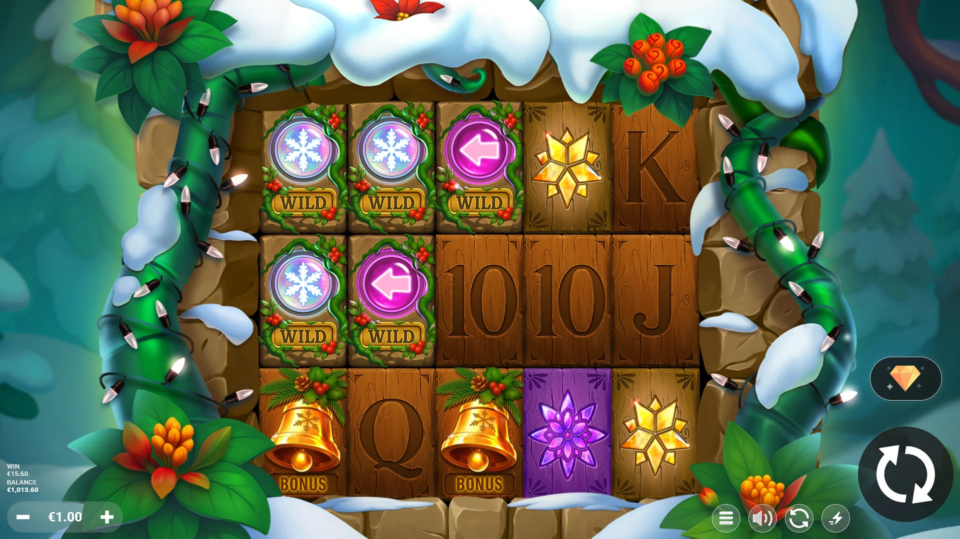 Base game screen of the Holly slot showing stacked snowflake wilds and pink left-arrow wilds on wooden reels with a winter forest theme.